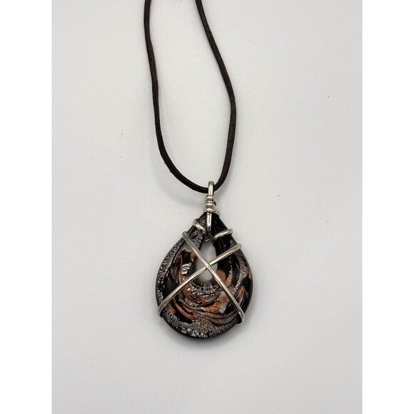 Black, Silver & Gold Art Glass Teardrop Pendant Necklace With Cord Dichroic - Picture 3 of 5